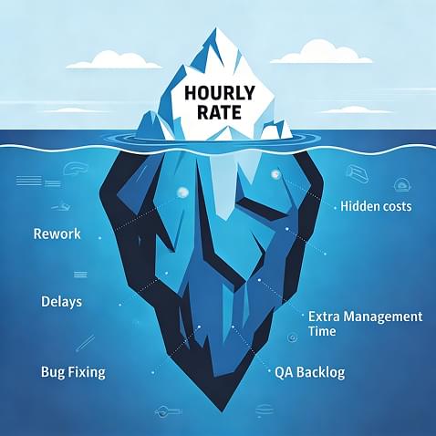 Iceberg diagram showing visible hourly rate and hidden costs including rework, delays, and bug fixing