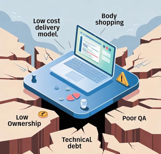 Illustration comparing outdated offshore pitfalls with modern delivery expectations